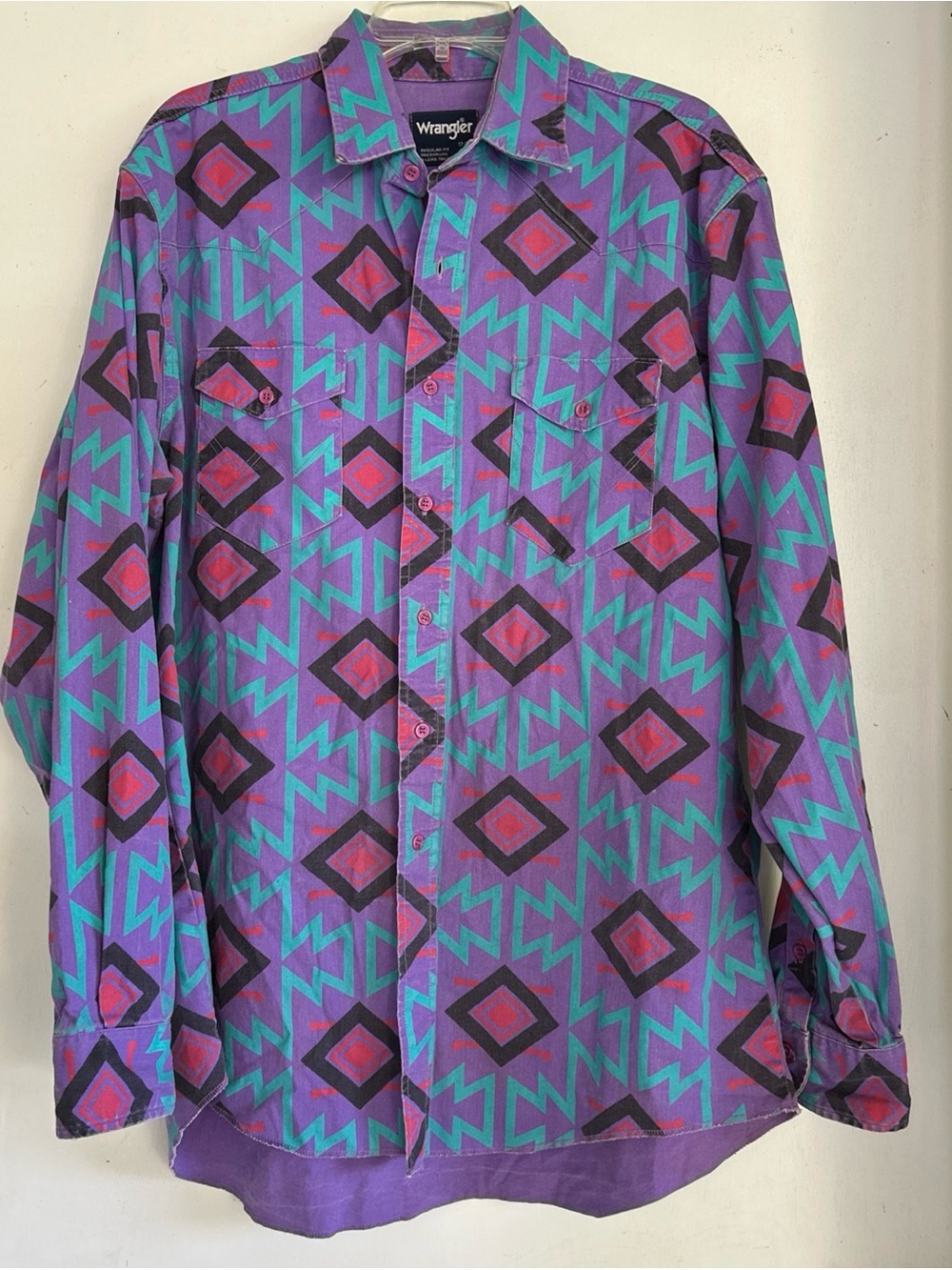 VTG Wrangler Western Brushpopper Shirt Geo Aztec Purple XLong Tails 17/36 USA XL